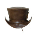 Front view of mens brown leather steampunk top hat with tall crown, curved brim, and feather accent.