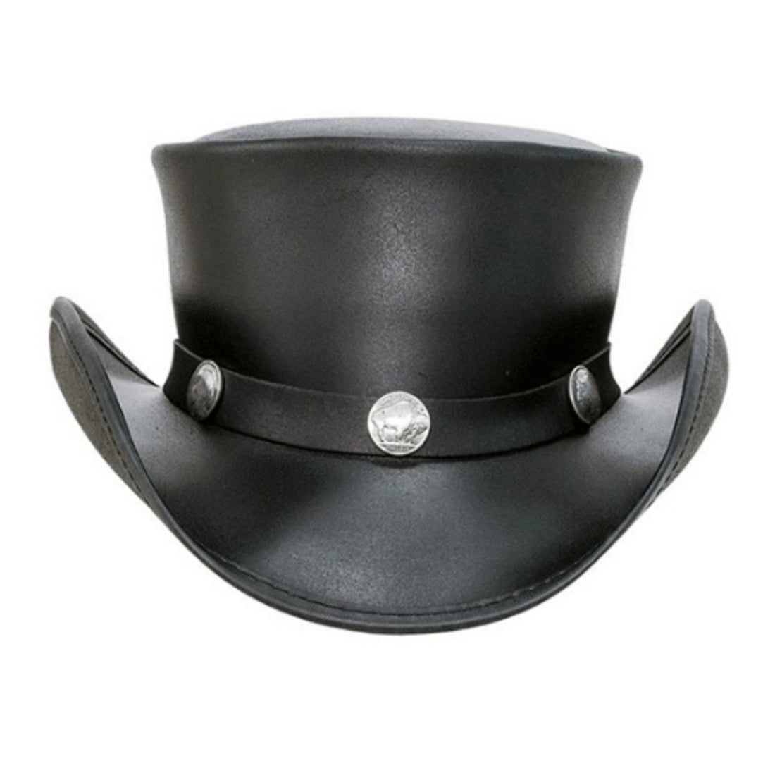 Front view of a classic black leather western top hat with silver concho hatband and curved brim.