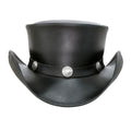 Front view of a classic black leather western top hat with silver concho hatband and curved brim.