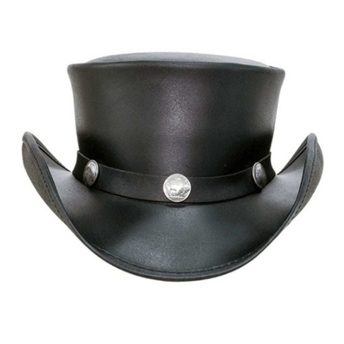 Front view of a classic black leather western top hat with silver concho hatband and curved brim.