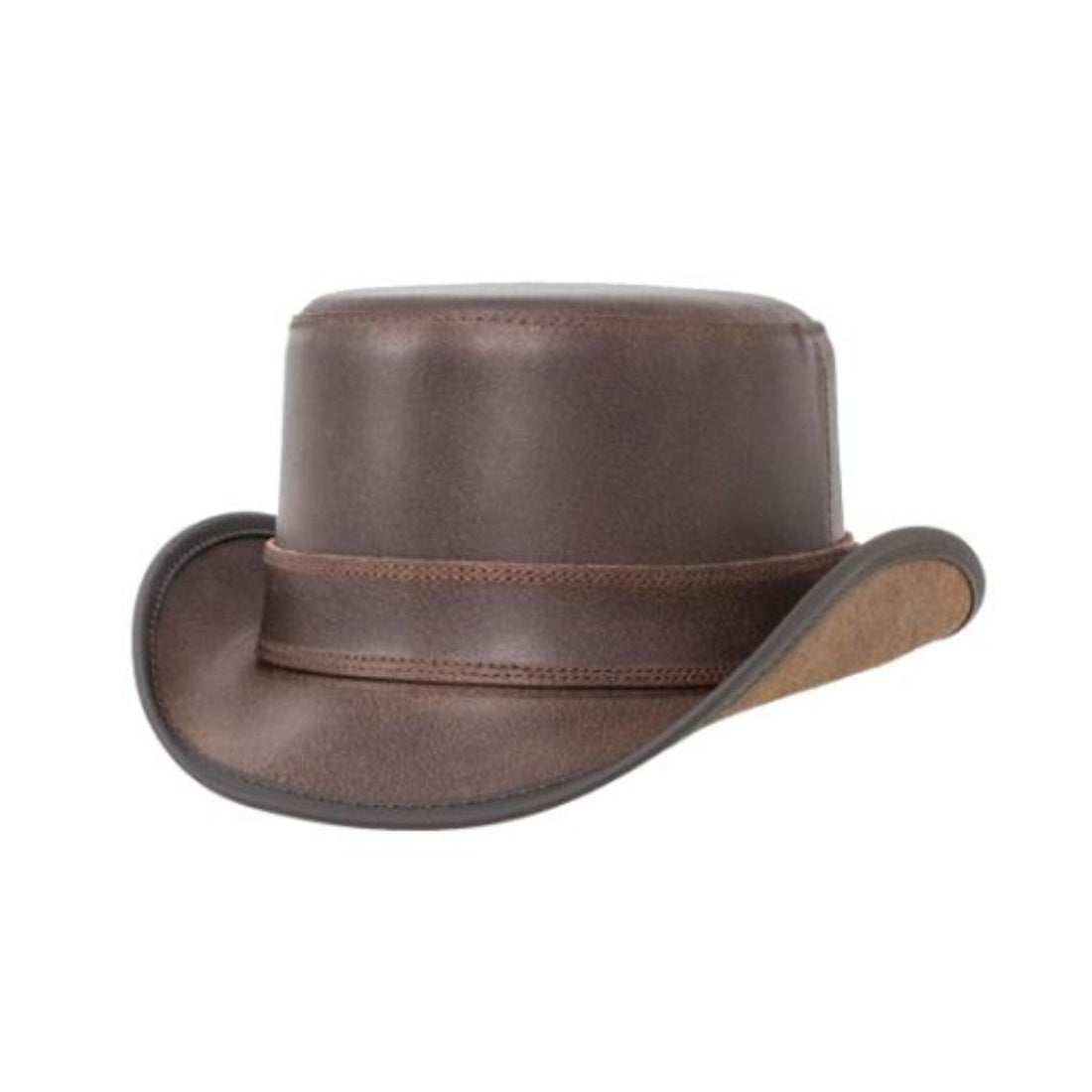 Front angled view of brown distressed leather top hat with curved brim and matching leather hatband.
