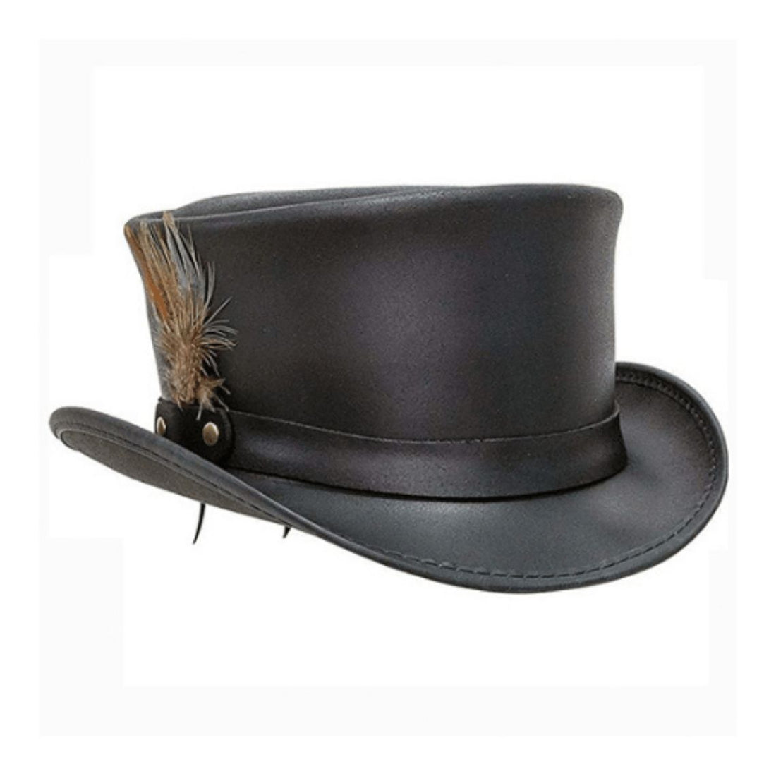 Angled view of a black leather western top hat with decorative feather accent and curved cowboy brim.