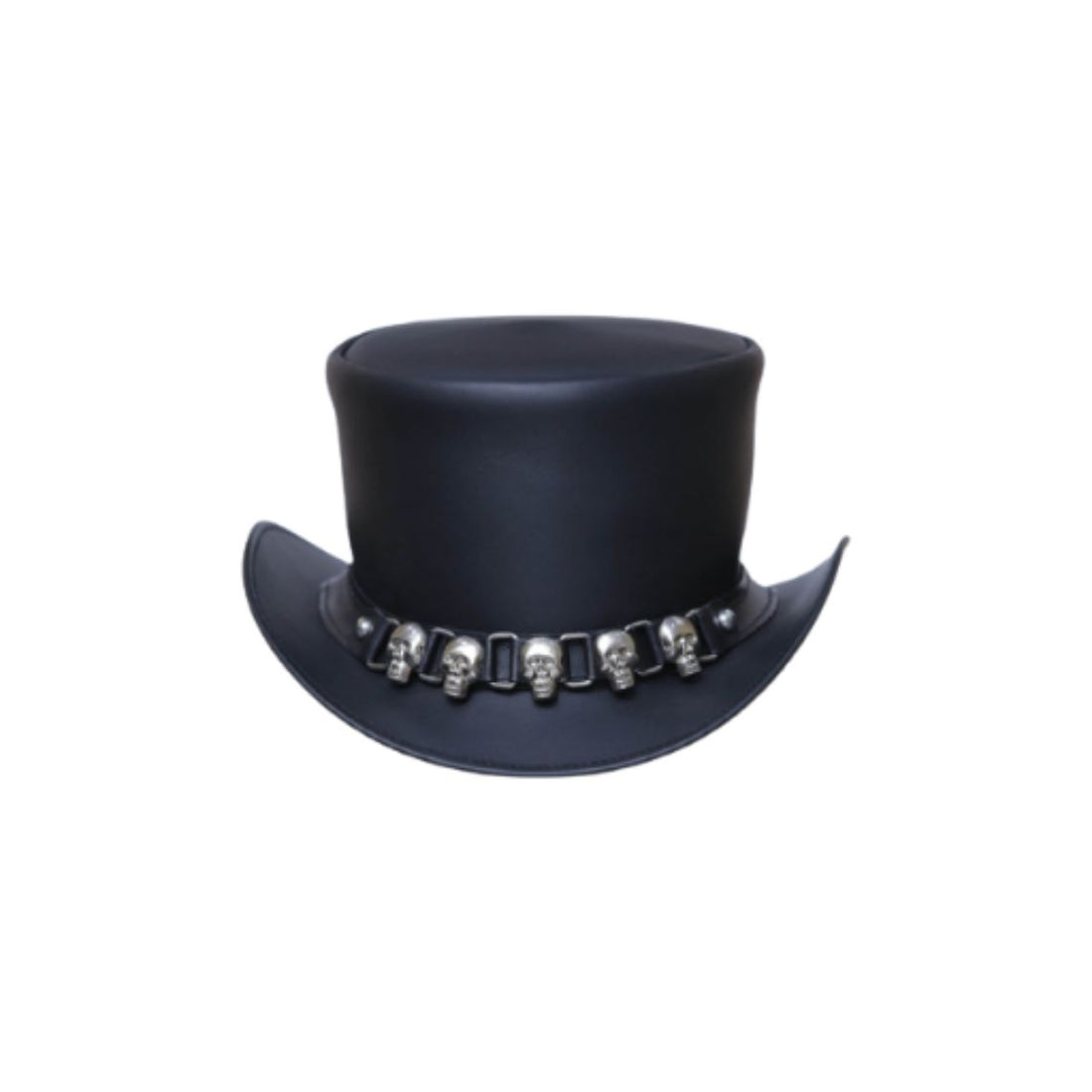 Front view of black leather gothic top hat featuring decorative metallic skull hatband and curved brim.