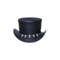 Front view of black leather gothic top hat featuring decorative metallic skull hatband and curved brim.