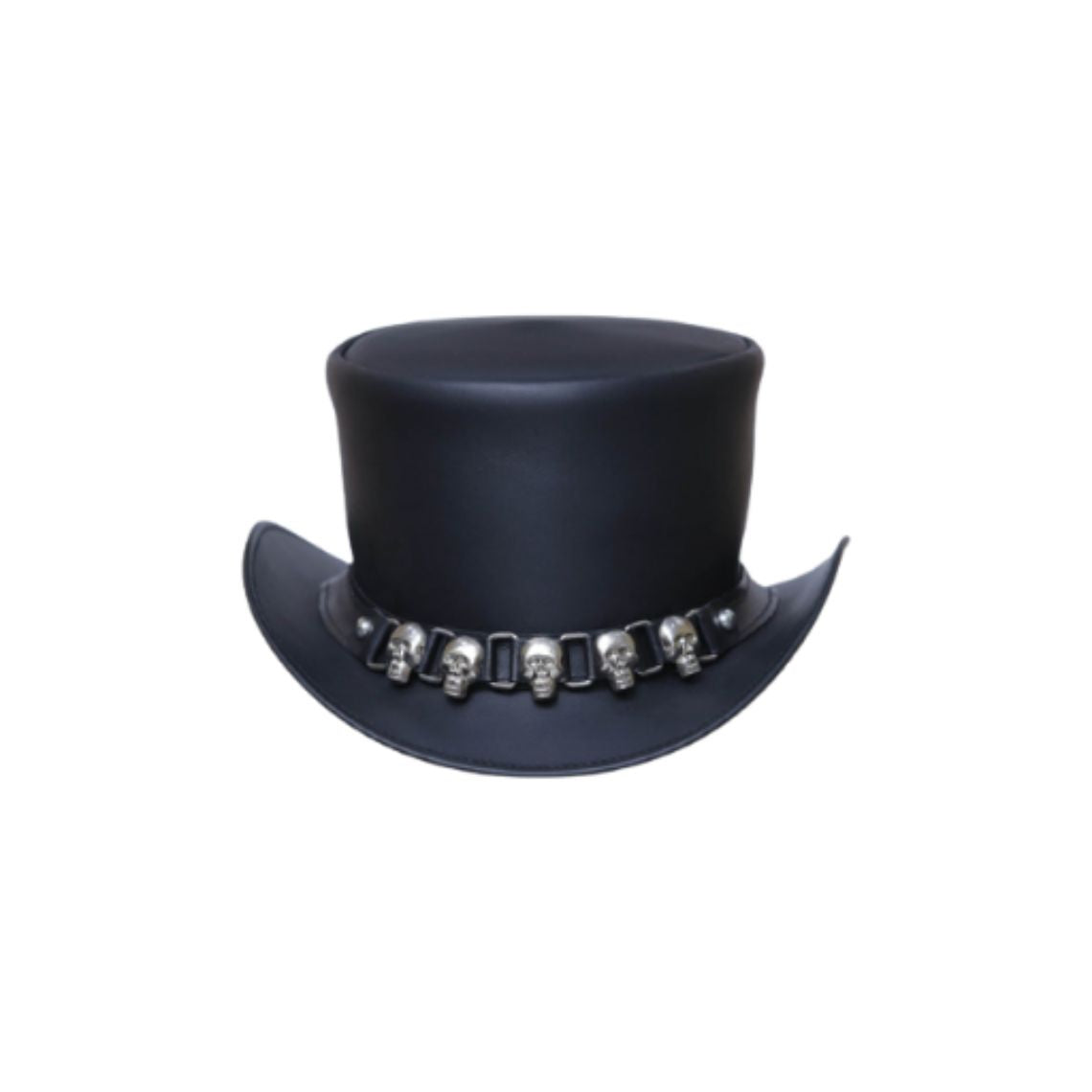 Front view of black leather gothic top hat featuring decorative metallic skull hatband and curved brim.