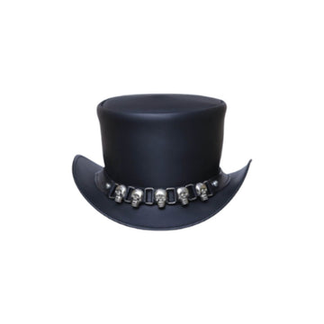 Front view of black leather gothic top hat featuring decorative metallic skull hatband and curved brim.