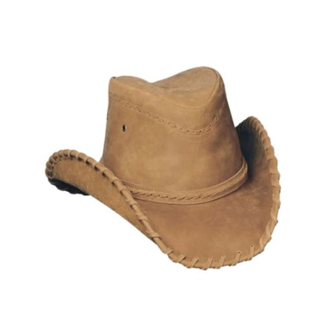 Mens tan leather cowboy hat with hand-laced brim edge and classic western crown design angled front view.