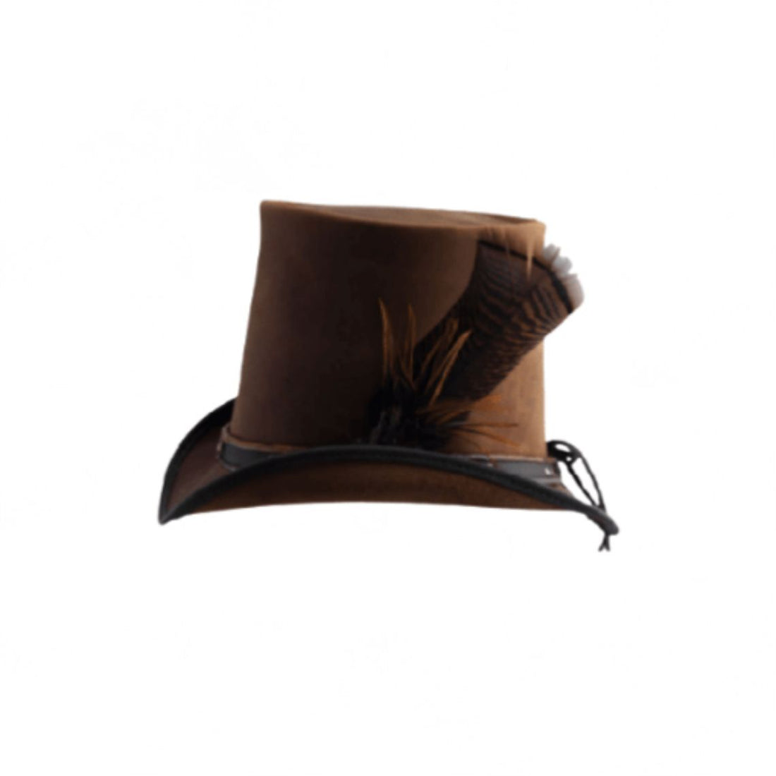 Front view of brown leather steampunk top hat with decorative feather accent and leather hatband.