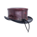 Side view of handcrafted burgundy and black leather Victorian-style top hat with adjustable rear lace closure.