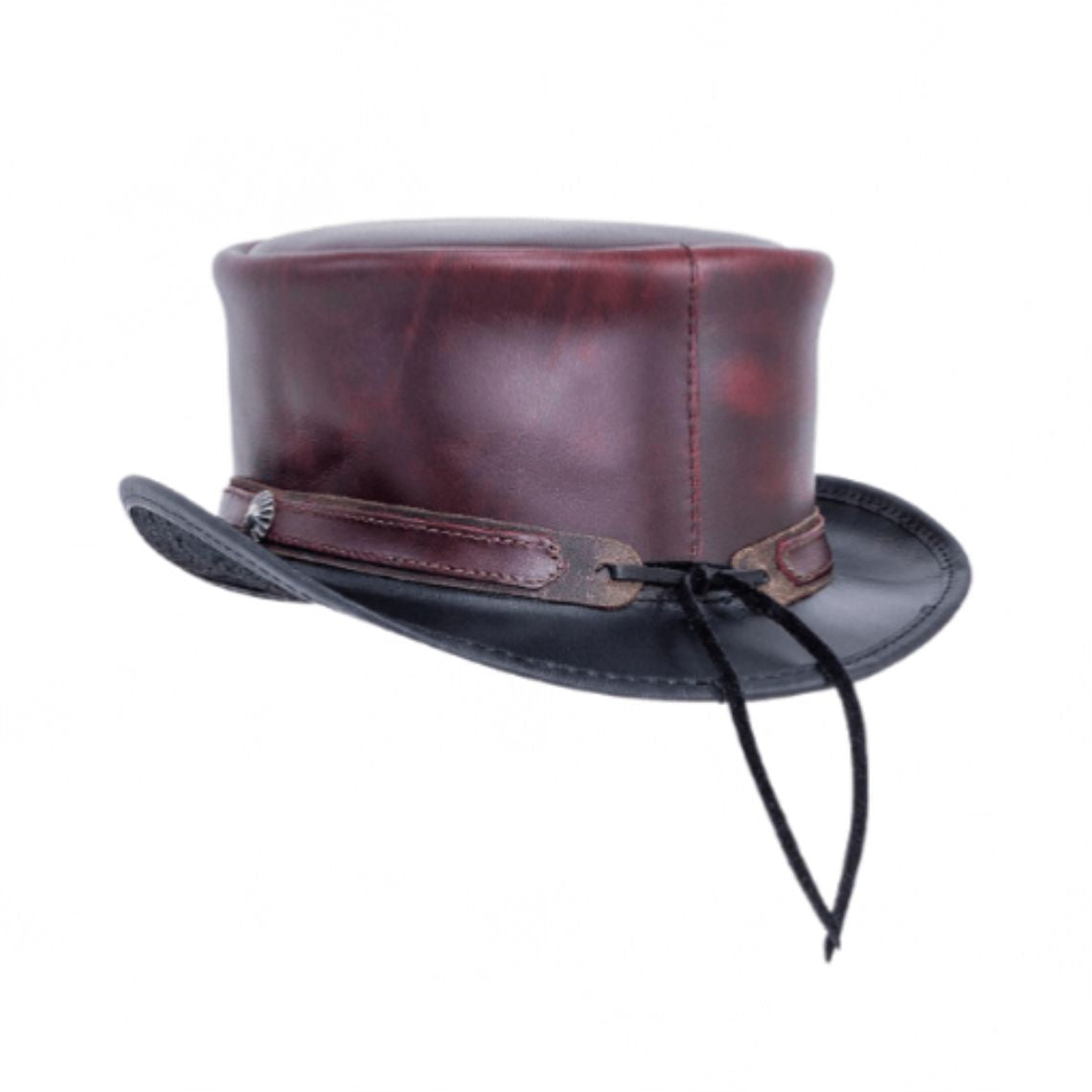 Side view of handcrafted burgundy and black leather Victorian-style top hat with adjustable rear lace closure.