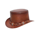 Angled side view of brown leather top hat showcasing skull-themed steampunk band with metal ring details.