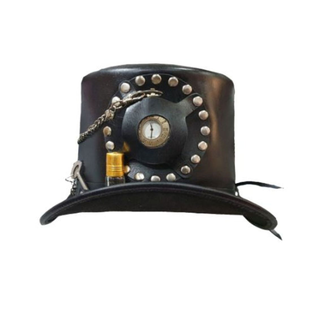 Front view of handcrafted black leather steampunk top hat with vintage clock detail and industrial embellishments.