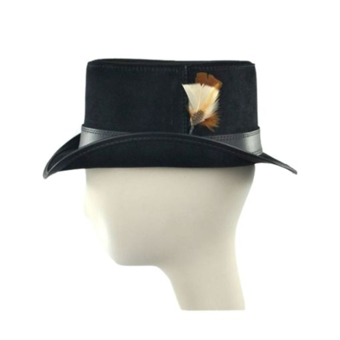 Side profile view of black leather top hat showcasing feather detail and curved brim design.