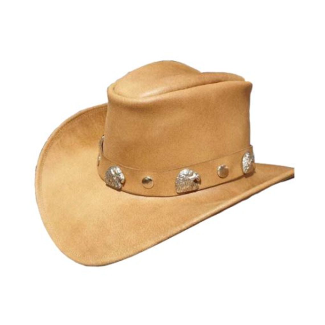 Angled side view of tan genuine leather cowboy hat featuring silver eagle conchos and a wide curved brim.