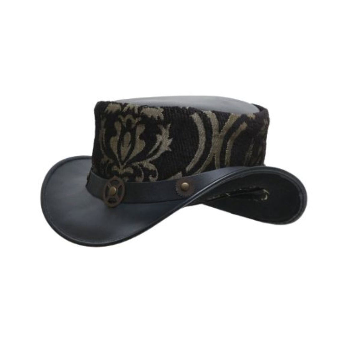Front view of a Victorian gothic steampunk top hat with black damask brocade crown and curved leather brim.