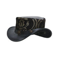 Angled side view of a steampunk top hat featuring ornate brocade fabric, gear accent detail, and dramatic curved brim.