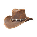 Premium Authentic Ranch Leather Cowboy Hat Angled Side View Featuring Decorative Skull Accents and Curved Brim