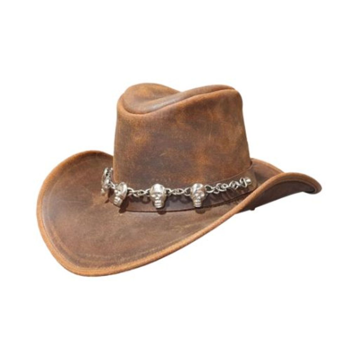 Premium Authentic Ranch Leather Cowboy Hat Angled Side View Featuring Decorative Skull Accents and Curved Brim
