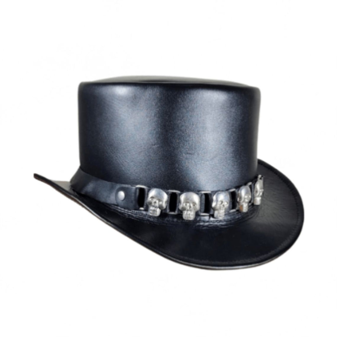 Front view of black leather gothic top hat with decorative silver skull accents and Victorian-inspired silhouette.