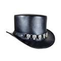 Angled front view of black leather gothic top hat featuring silver skull hatband and curved brim.