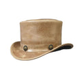 Angled side view of handcrafted tan leather Victorian steampunk top hat featuring distressed leather finish and curved brim.