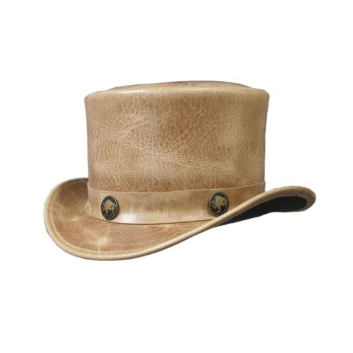 Angled side view of handcrafted tan leather Victorian steampunk top hat featuring distressed leather finish and curved brim.