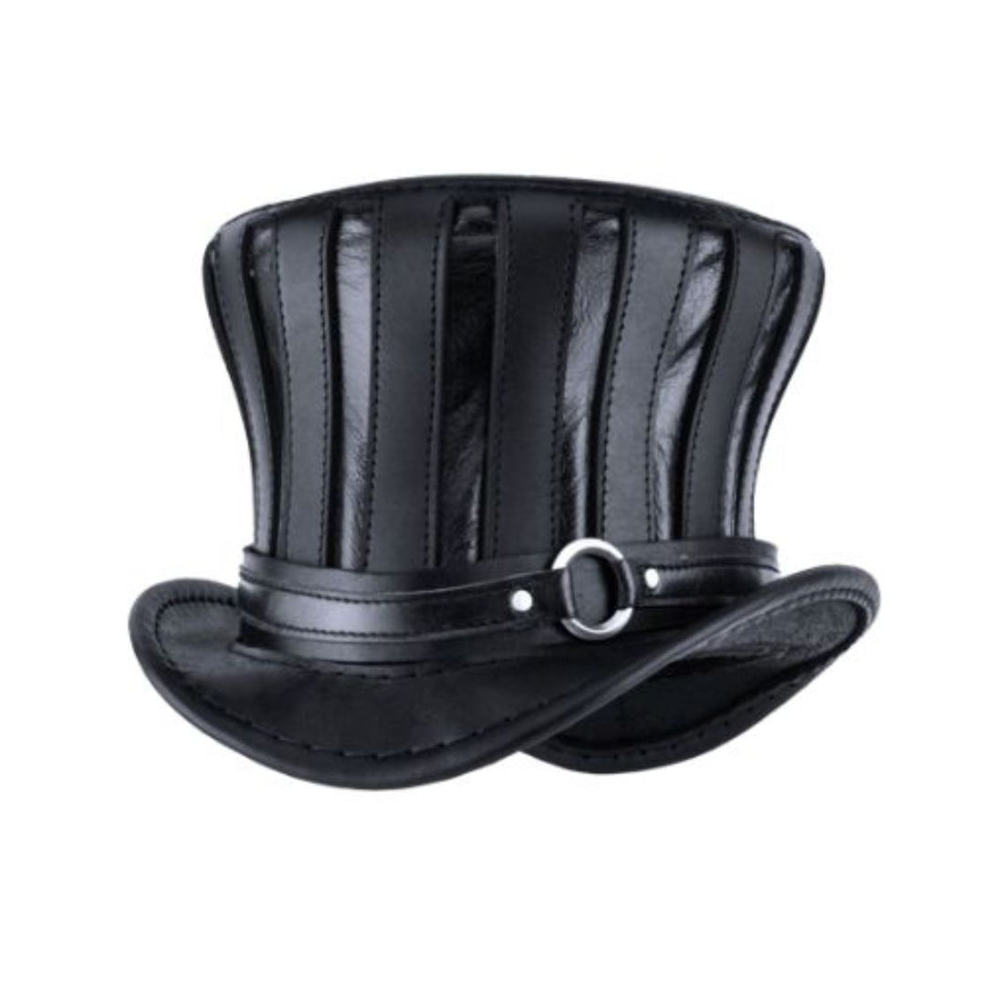 Front view of black gothic leather top hat featuring sculpted crown and metal buckle band.
