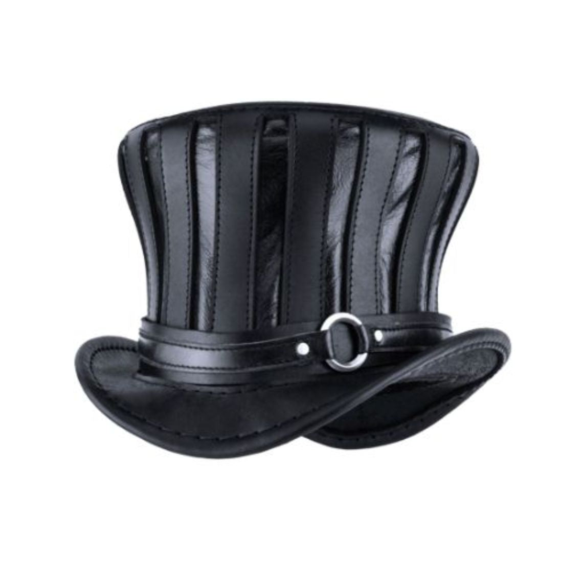 Angled side view of handcrafted black leather gothic top hat with curved brim and buckle accent.