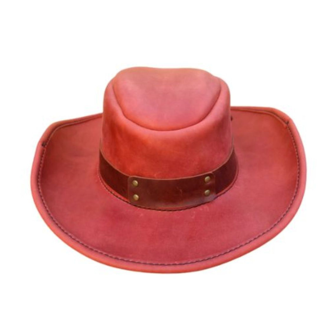 Mens Vintage Red Leather Cowboy Hat Crimson Frontier Edition front view with brown leather hatband