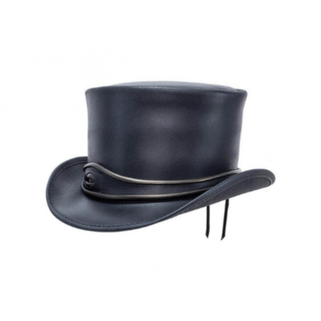 Front view of black leather steampunk top hat featuring metal band accent and curved brim design.