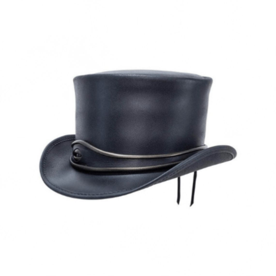 Angled side view of handcrafted black leather Victorian steampunk top hat with decorative metal trim and adjustable fit.