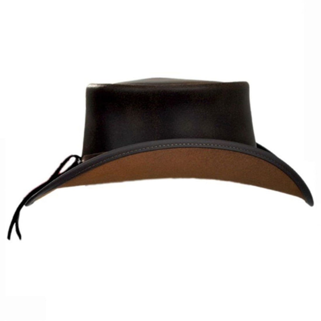 Front view of vintage black and brown leather western top hat with decorative metal concho hatband.