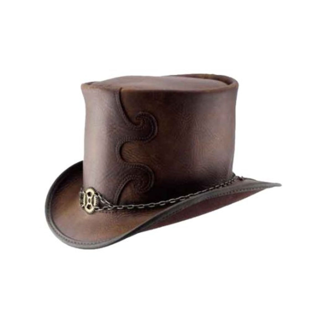 Front view of mens brown leather steampunk top hat with decorative chain hatband and embossed scroll detailing.