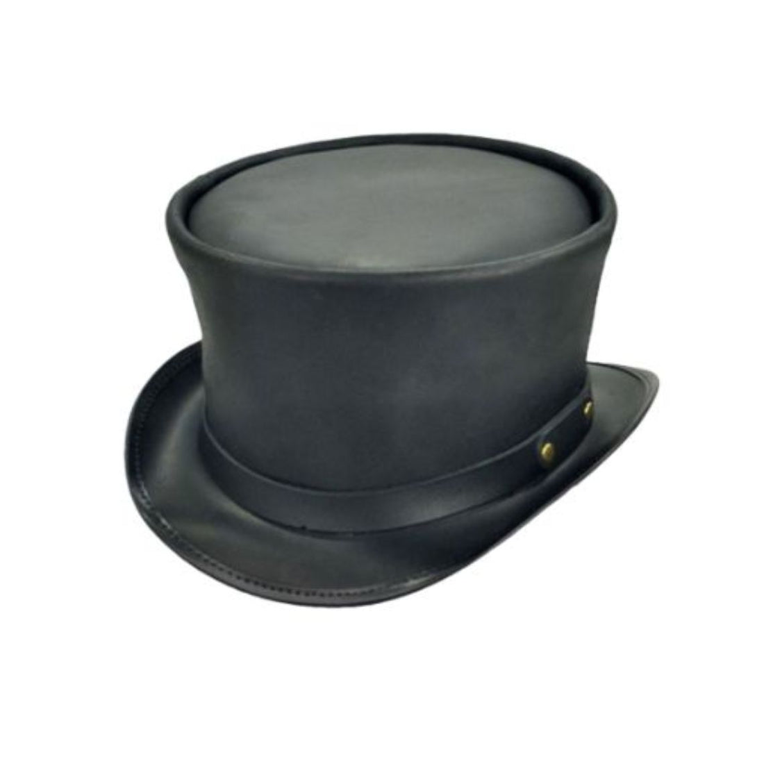 Front view of black leather steampunk top hat with tall Victorian crown and curved brim.