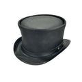 Angled side view of handcrafted black leather top hat featuring a matching leather hatband and brass rivet accents.