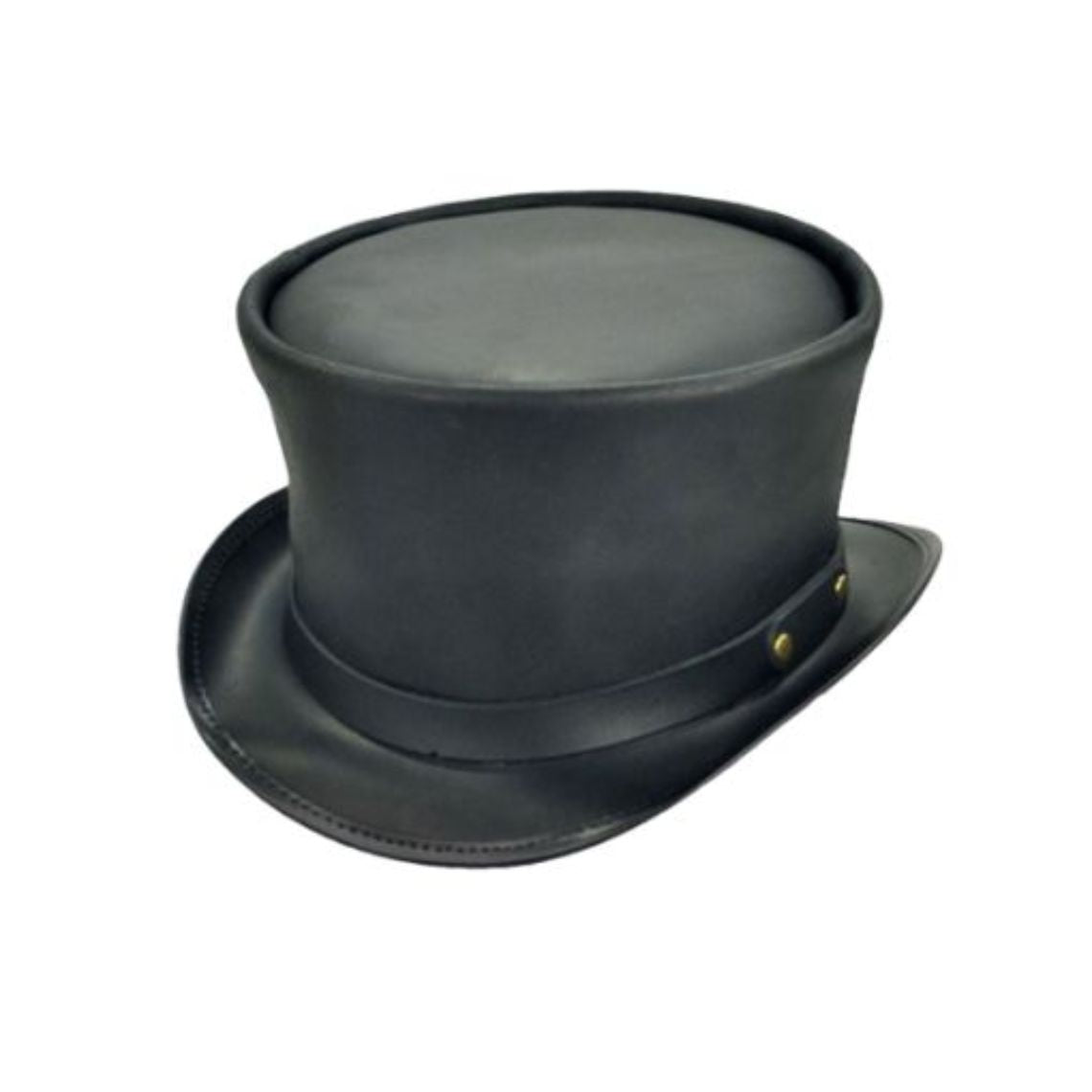 Angled side view of handcrafted black leather top hat featuring a matching leather hatband and brass rivet accents.