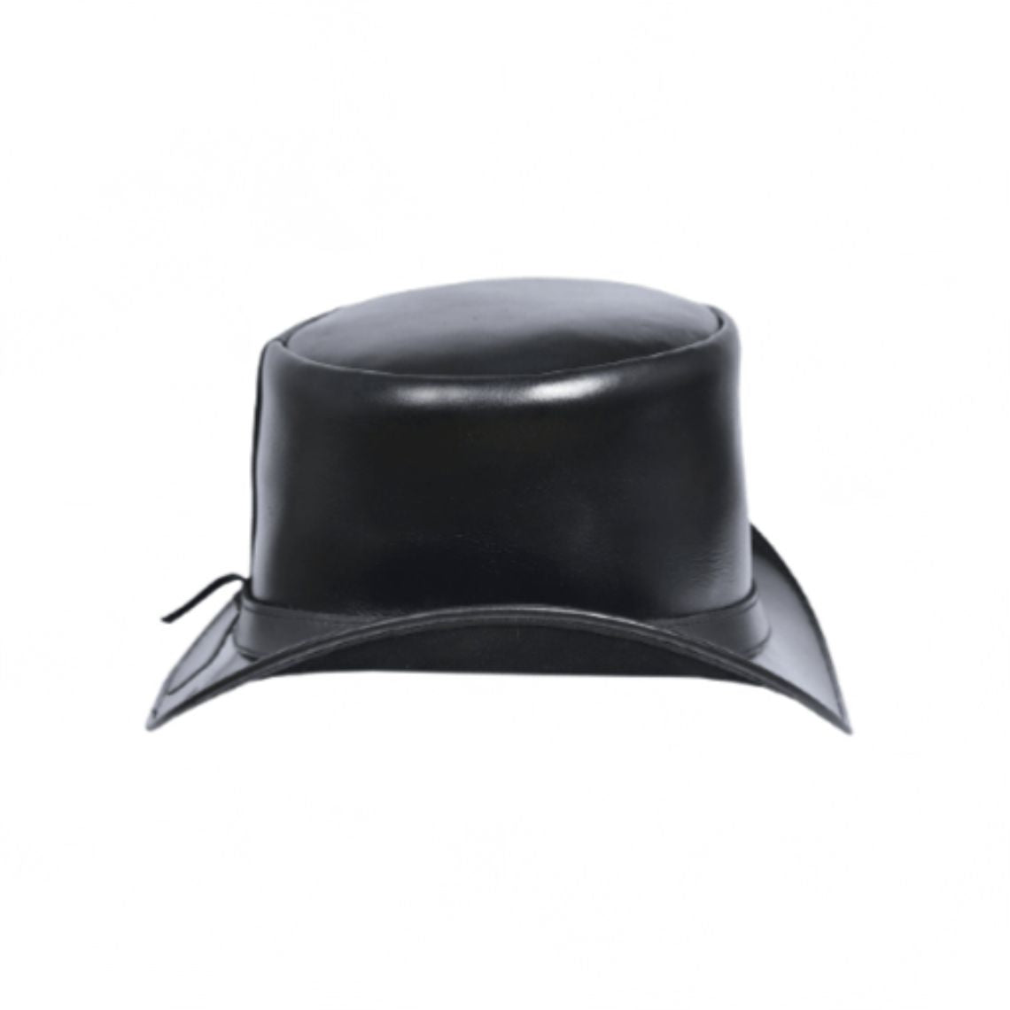 Side profile of black leather Western top hat showcasing structured crown and handcrafted leather construction.