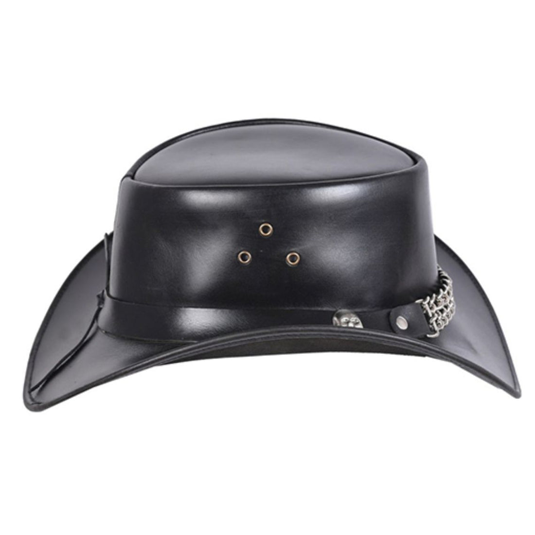 Mens Leather Cowboy Hat Skull Chain Band Front View in Premium Black Leather
