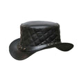 Angled side view of black quilted Victorian steampunk top hat showcasing diamond-stitched leather craftsmanship.