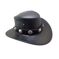 Mens Black Leather Outback Cowboy Hat featuring genuine leather construction and silver concho detailing side view