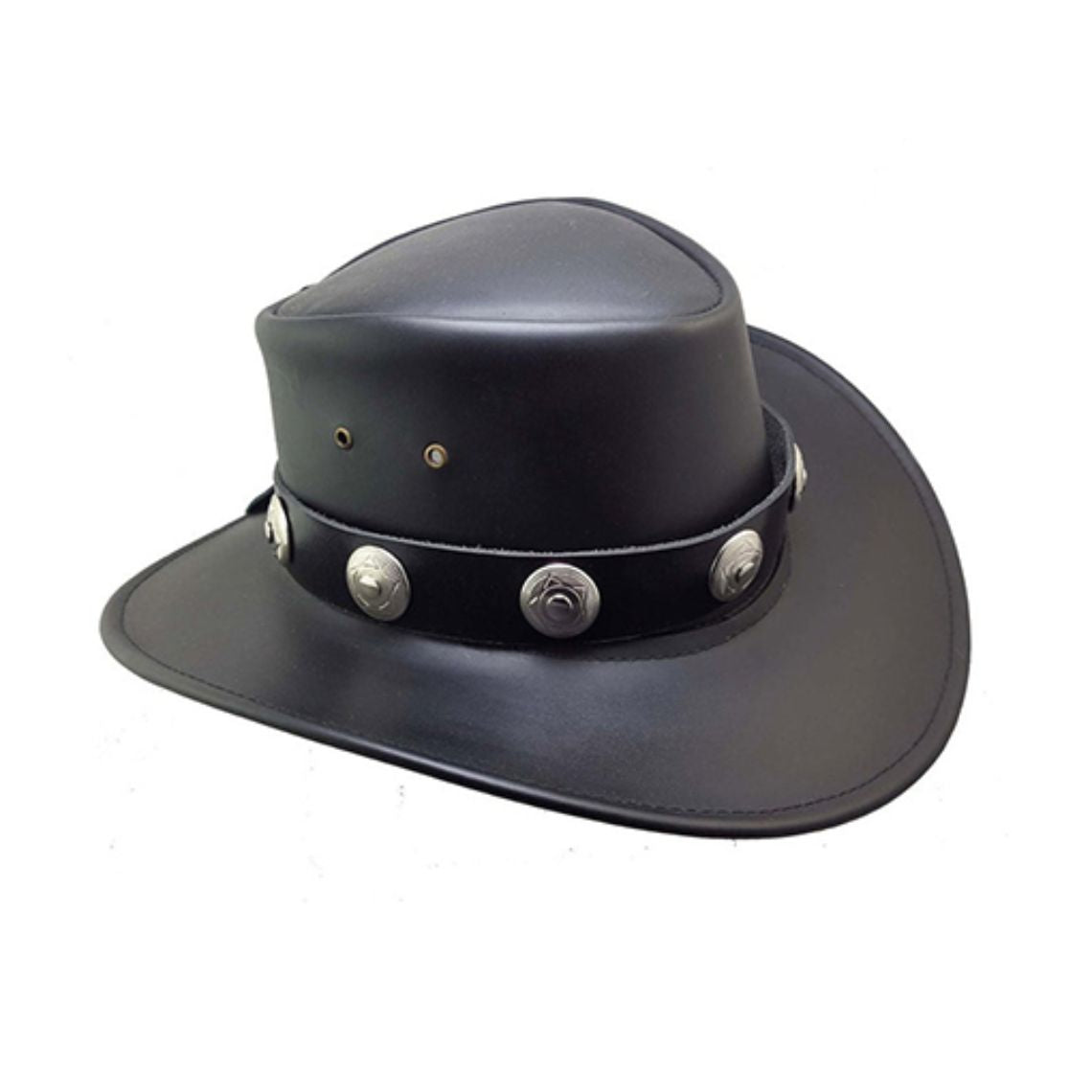 Mens Black Leather Outback Cowboy Hat featuring genuine leather construction and silver concho detailing side view