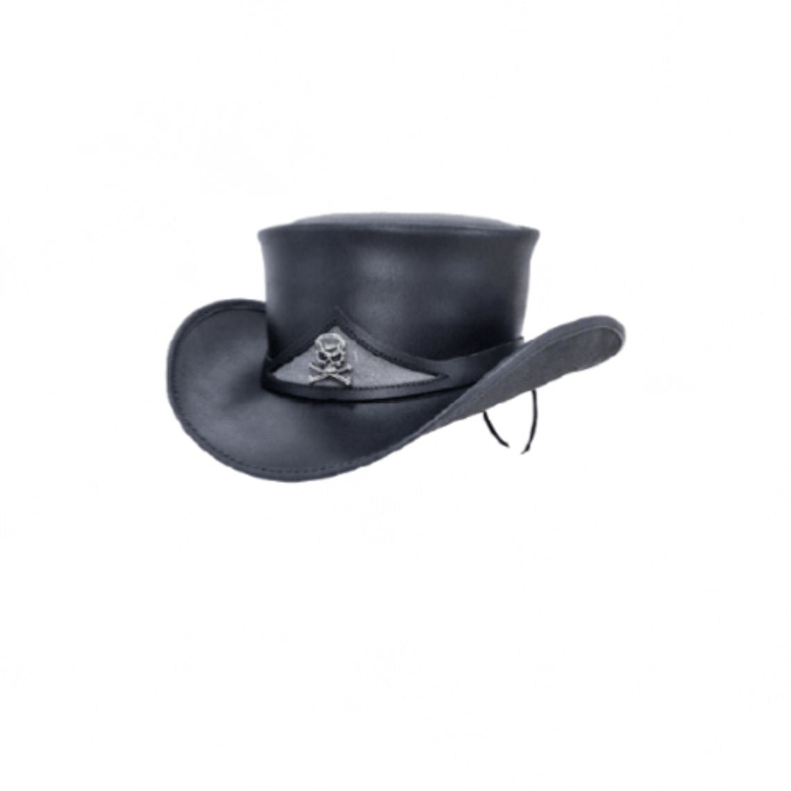 Side angle view of mens gothic leather top hat featuring curved brim and skull accent detail.