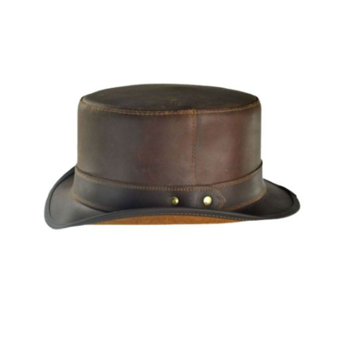 Front angled view of brown distressed leather top hat with curved brim and matching leather hatband.