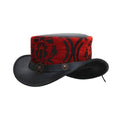 Angled side view of Victorian-inspired red brocade top hat featuring leather hatband and curved brim.