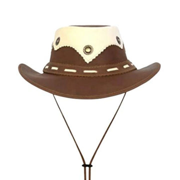 Two-tone western leather cowboy hat featuring ivory crown overlay and adjustable chin strap front view