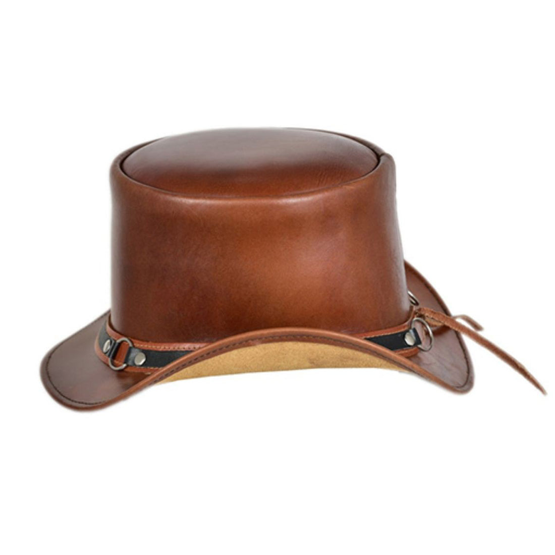 Front view of brown leather steampunk top hat with decorative riveted band and metal ring accents.