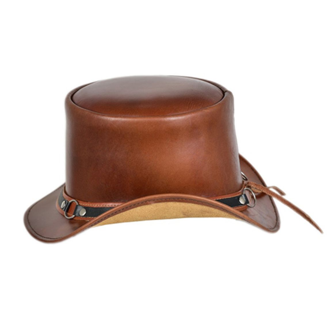 Side profile of brown leather steampunk top hat showcasing curved brim and adjustable lace closure.