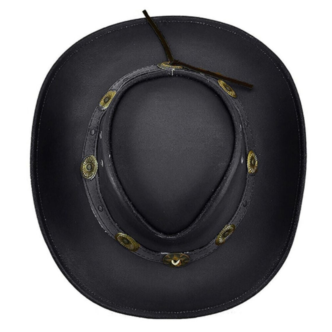 Premium Black Leather Cowboy Hat Top View Featuring Heritage Ranch Concho Accents and Wide Brim