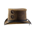 Side view of vintage brown leather steampunk top hat showcasing mesh vent details and handcrafted construction.