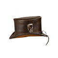Side view of brown leather top hat featuring decorative feather accent and handcrafted construction.